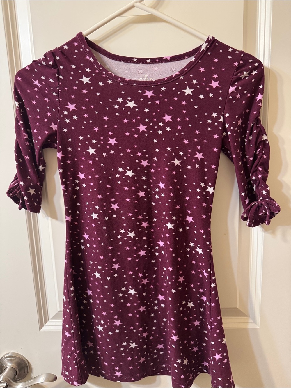 Girls' Star Print Plum Pull-On Dress with Ruched Tie Sleeves